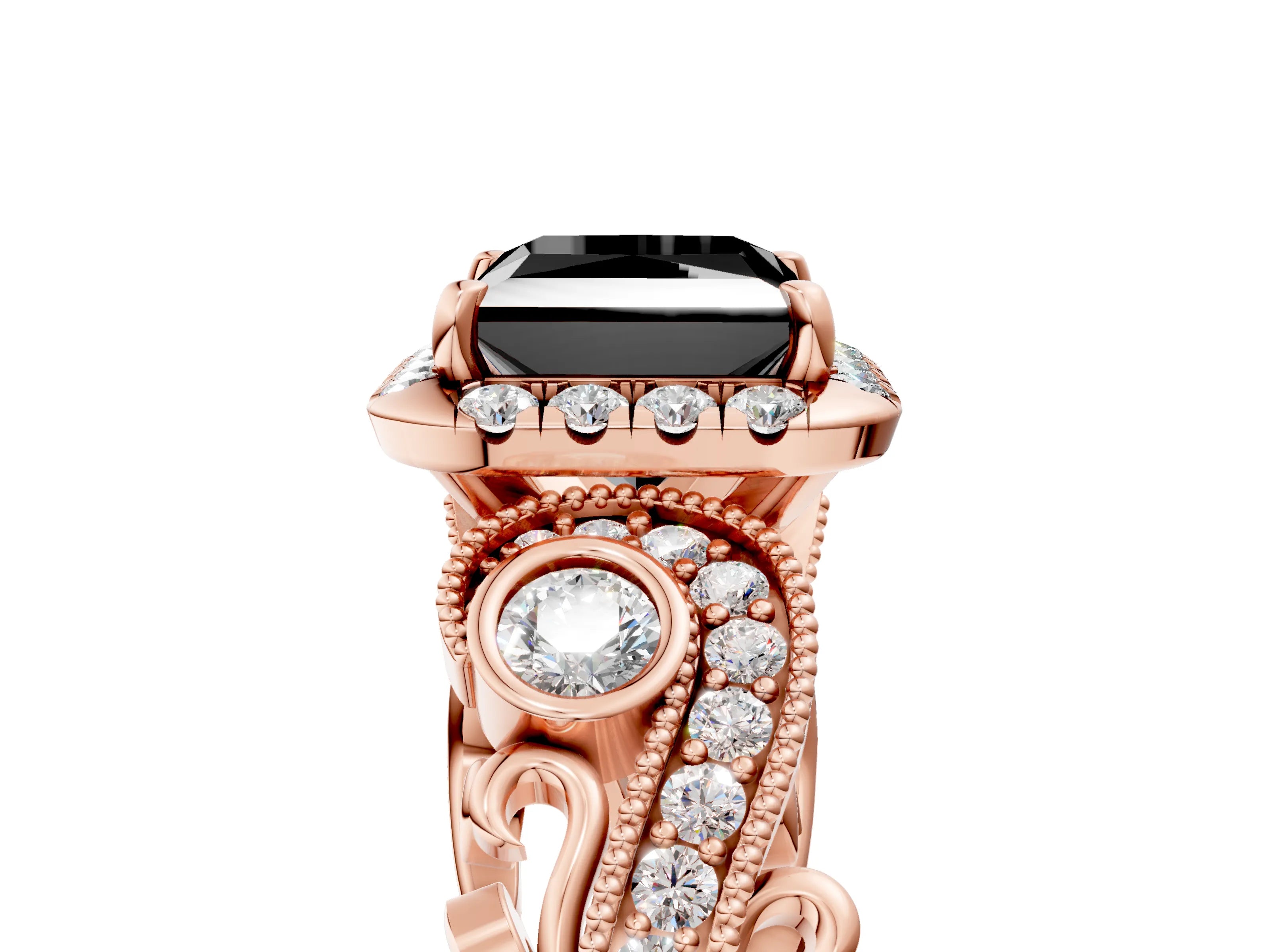 Rose gold Fancy Black Princess Cut Halo Diamond Ring with Milgrain and Bezel Accents on a Split Shank Band_5