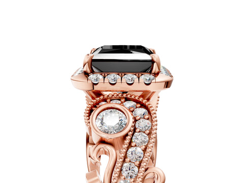 Rose gold Fancy Black Princess Cut Halo Diamond Ring with Milgrain and Bezel Accents on a Split Shank Band_5