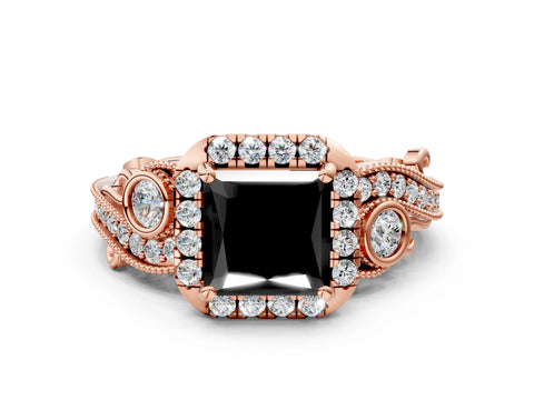 Rose gold Fancy Black Princess Cut Halo Diamond Ring with Milgrain and Bezel Accents on a Split Shank Band