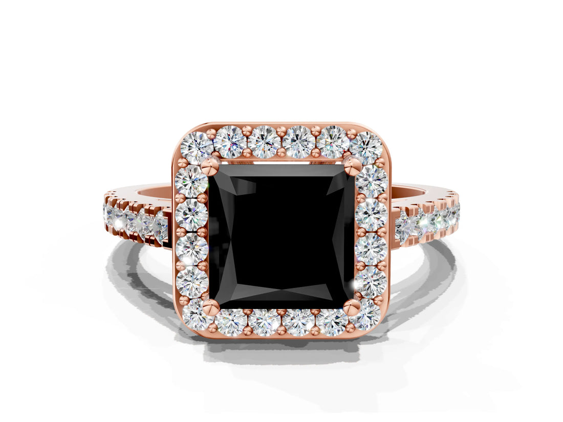 Rose gold Fancy Black Princess Cut Halo Diamond Ring with Pavé Band and Three-Prong Setting