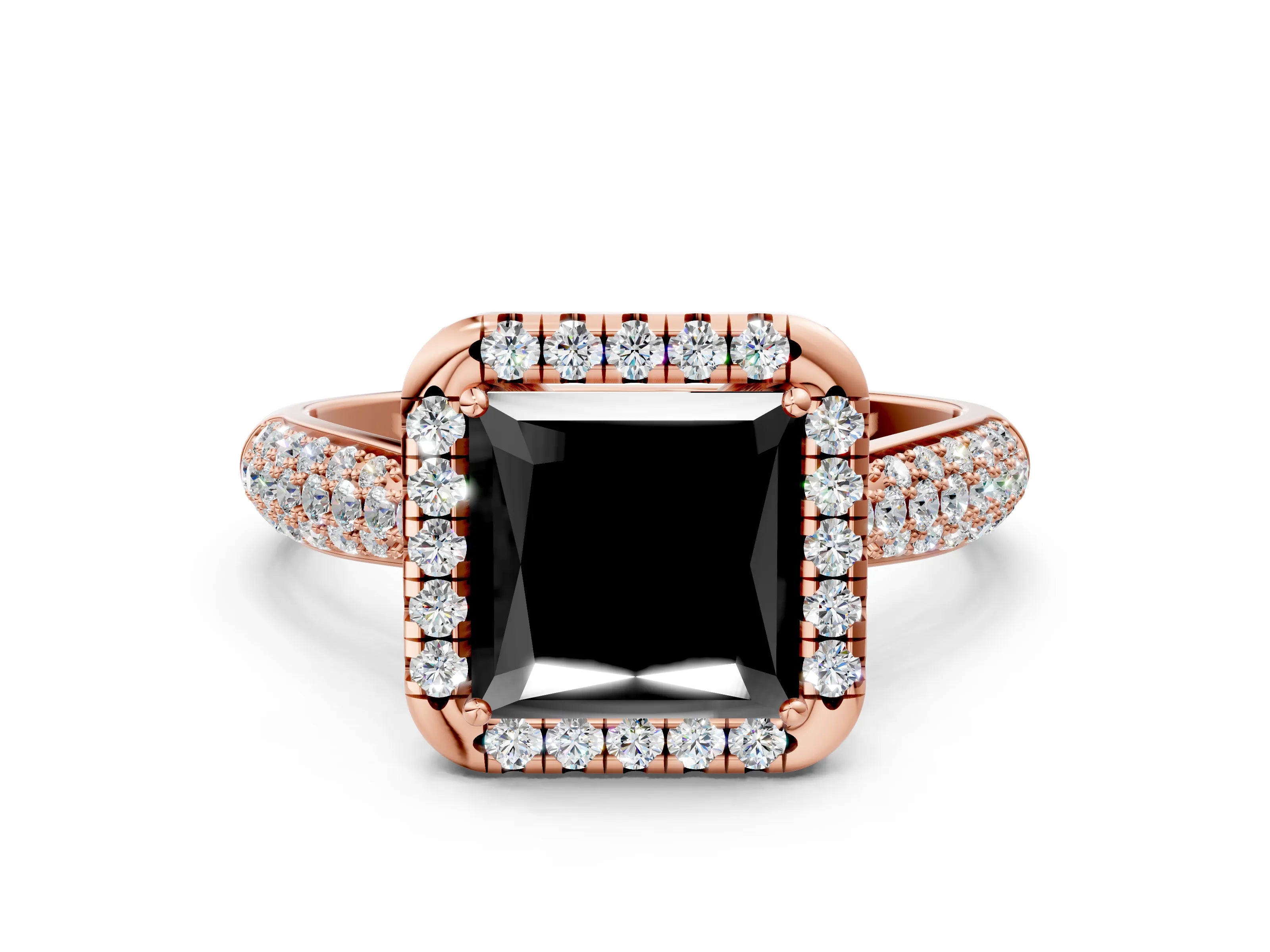 Rose gold Fancy Black Princess Cut Halo Diamond Ring with Pavé Band