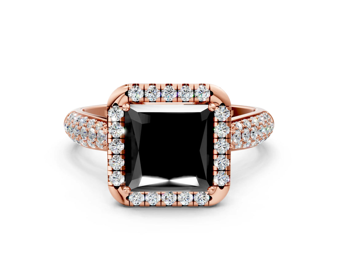 Rose gold Fancy Black Princess Cut Halo Diamond Ring with Pavé Band