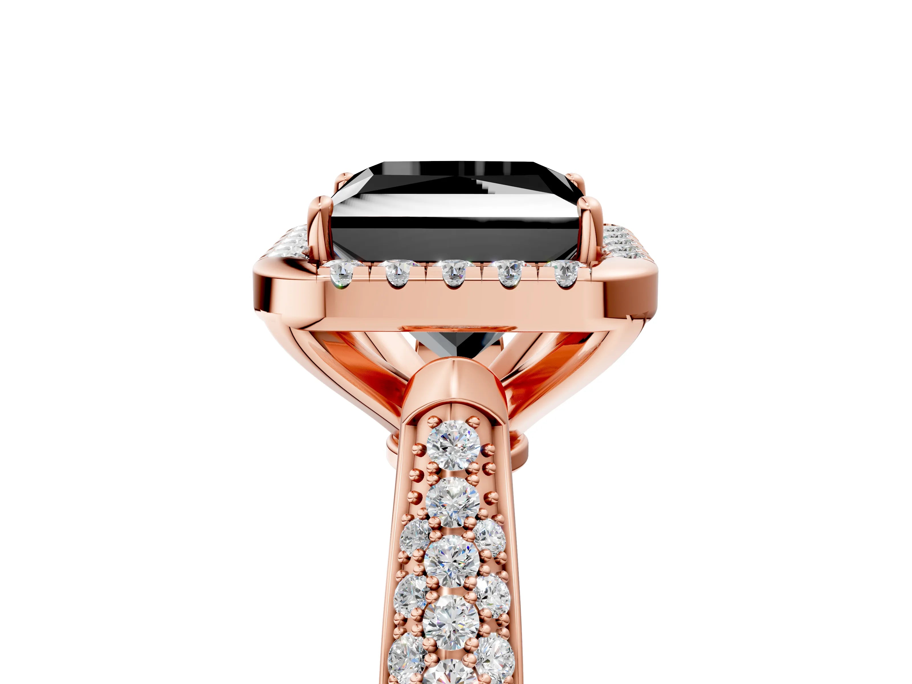 Rose gold Fancy Black Princess Cut Halo Diamond Ring with Pavé Band_5