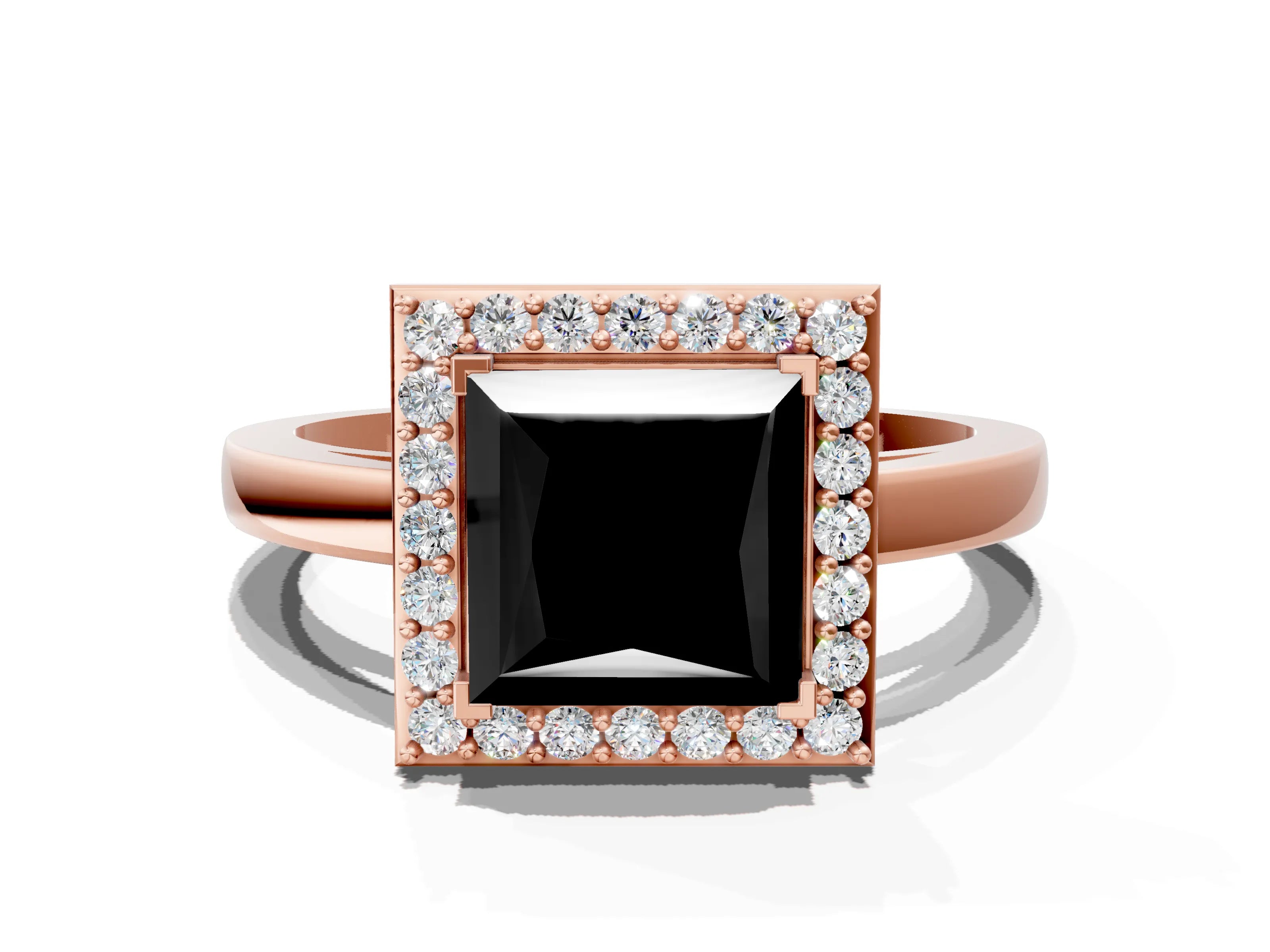 Rose gold Fancy Black Princess Cut Halo Diamond Ring with Solitaire Band and Prong Setting