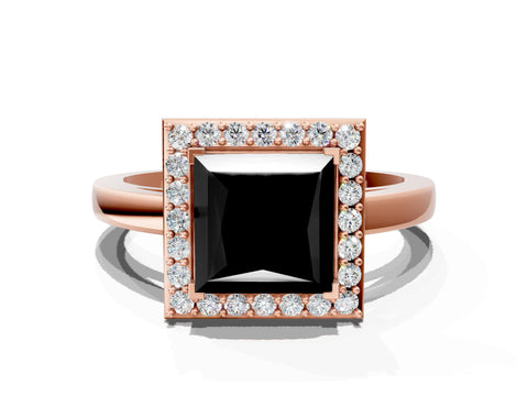 Rose gold Fancy Black Princess Cut Halo Diamond Ring with Solitaire Band and Prong Setting