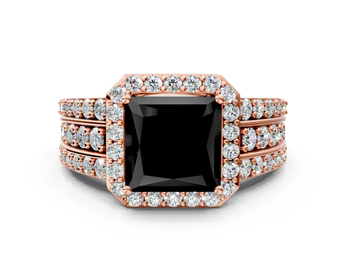 Rose gold Fancy Black Princess Cut Halo Diamond Ring with Split Shank and Four-Prong Setting