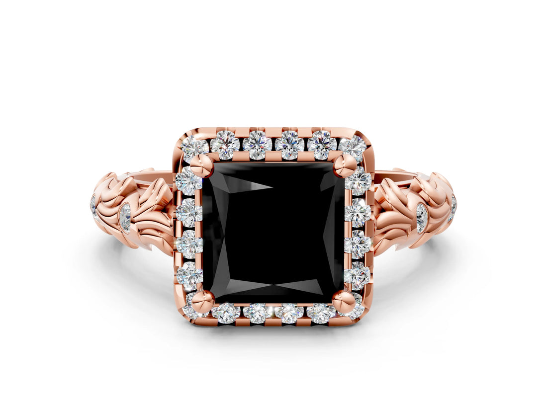 Rose gold Fancy Black Princess Cut Halo Diamond Solitaire with Filigree Band and Four-Prong Setting_12