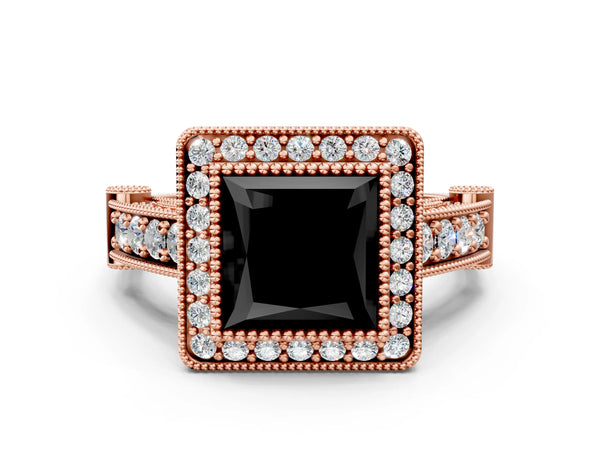 Rose Gold Princess Cut Vintage Bezel Halo Engagement Ring Setting for Black Center