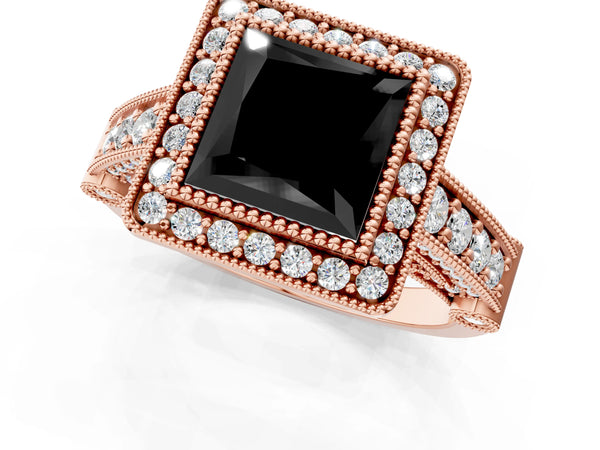 Rose Gold Princess Cut Vintage Bezel Halo Engagement Ring Setting for Black Center