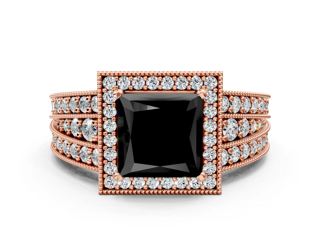Rose gold Fancy Black Princess Cut Halo Diamond Split Shank Ring with Prong Setting