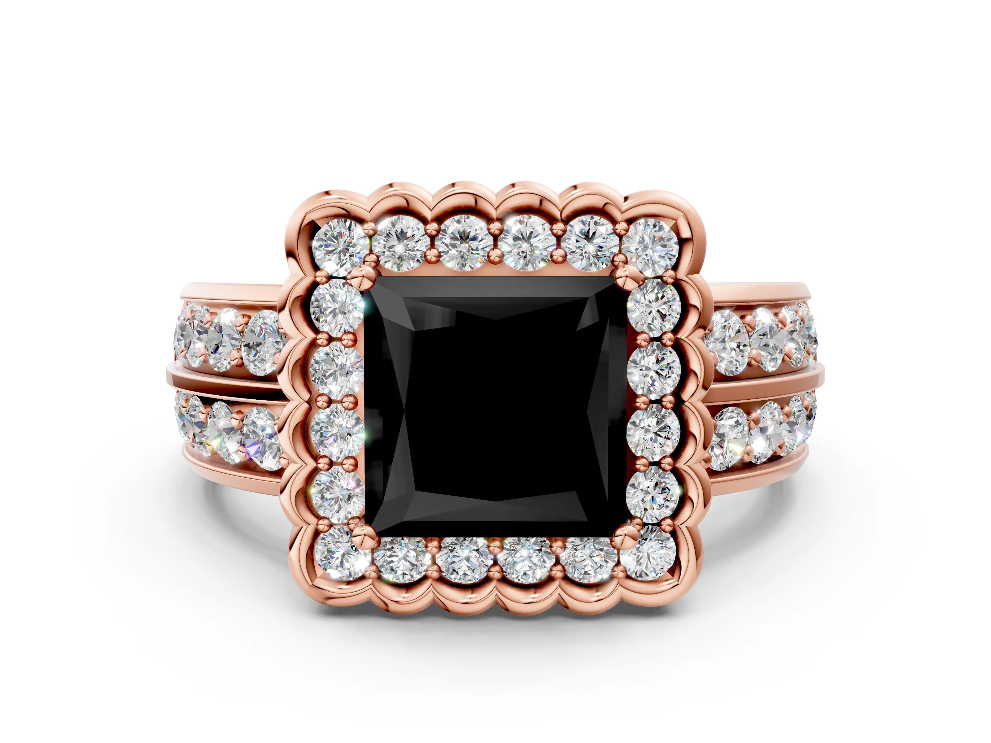 Rose gold Fancy Black Princess Cut Halo Diamond Split Shank Ring with Scalloped Prong Setting