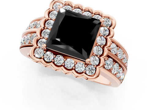 Rose gold Fancy Black Princess Cut Halo Diamond Split Shank Ring with Scalloped Prong Setting_1