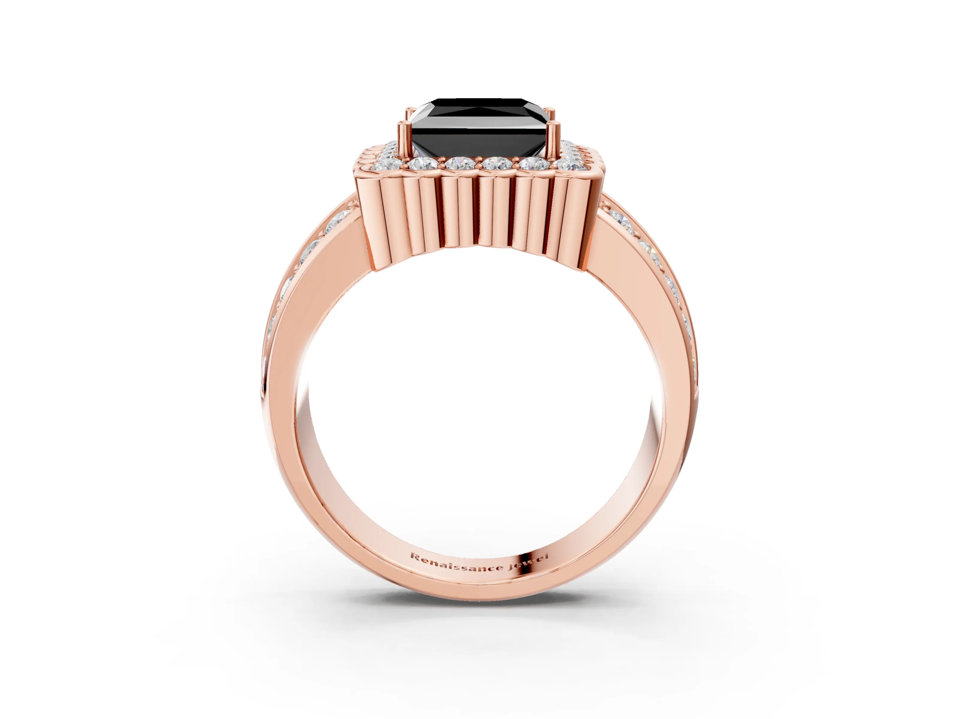 Rose gold Fancy Black Princess Cut Halo Diamond Split Shank Ring with Scalloped Prong Setting_3