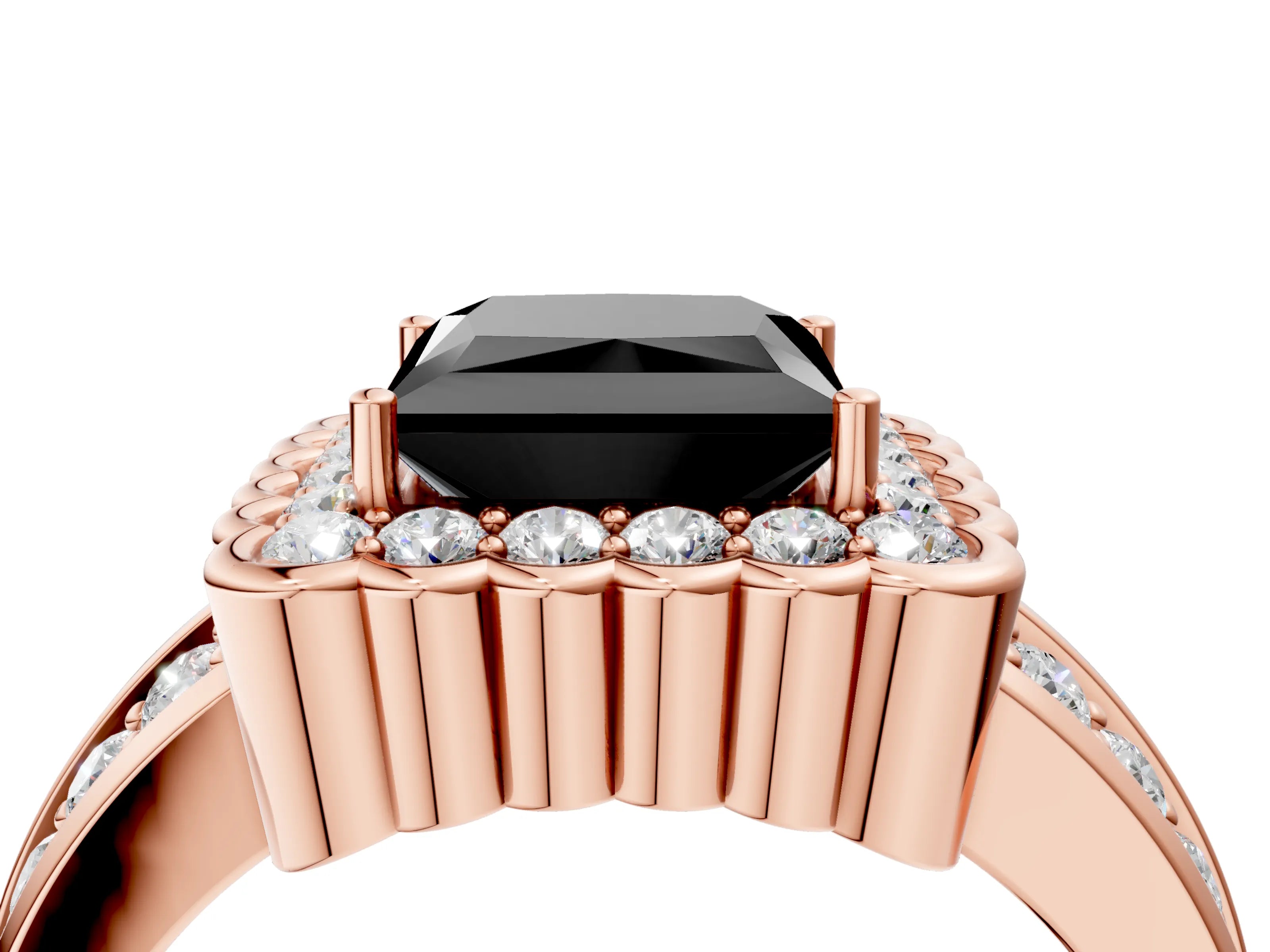 Rose gold Fancy Black Princess Cut Halo Diamond Split Shank Ring with Scalloped Prong Setting_4
