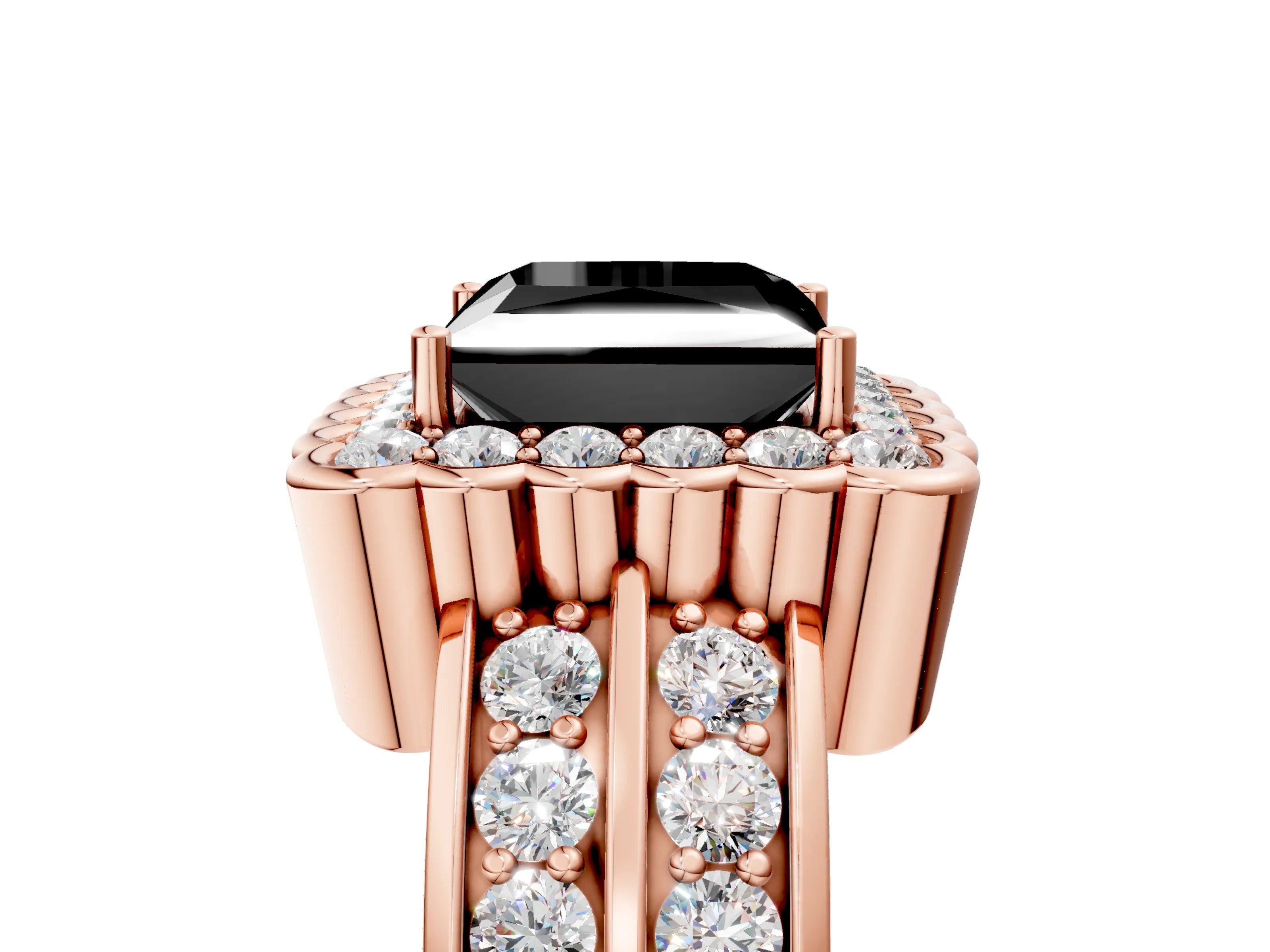 Rose gold Fancy Black Princess Cut Halo Diamond Split Shank Ring with Scalloped Prong Setting_5