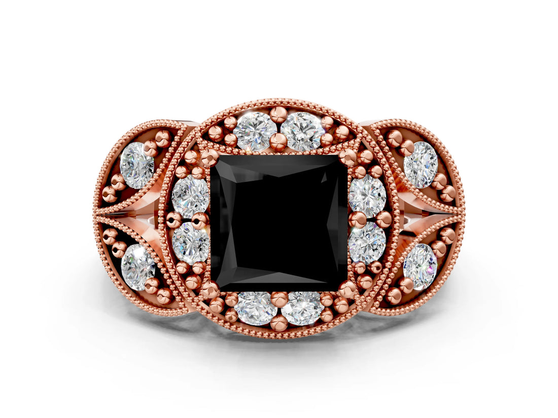 Rose gold Fancy Black Princess Cut Halo Milgrain Diamond Engagement Ring with Leaf Band and Four-Prong Setting