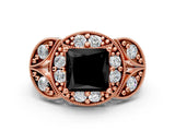 Rose gold Fancy Black Princess Cut Halo Milgrain Diamond Engagement Ring with Leaf Band and Four-Prong Setting