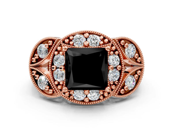 Rose gold Fancy Black Princess Cut Halo Milgrain Diamond Engagement Ring with Leaf Band and Four-Prong Setting