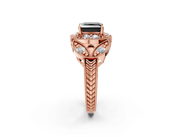 Rose gold Fancy Black Princess Cut Halo Milgrain Diamond Engagement Ring with Leaf Band and Four-Prong Setting