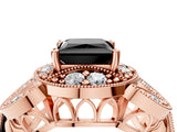 Rose gold Fancy Black Princess Cut Halo Milgrain Diamond Engagement Ring with Leaf Band and Four-Prong Setting_4