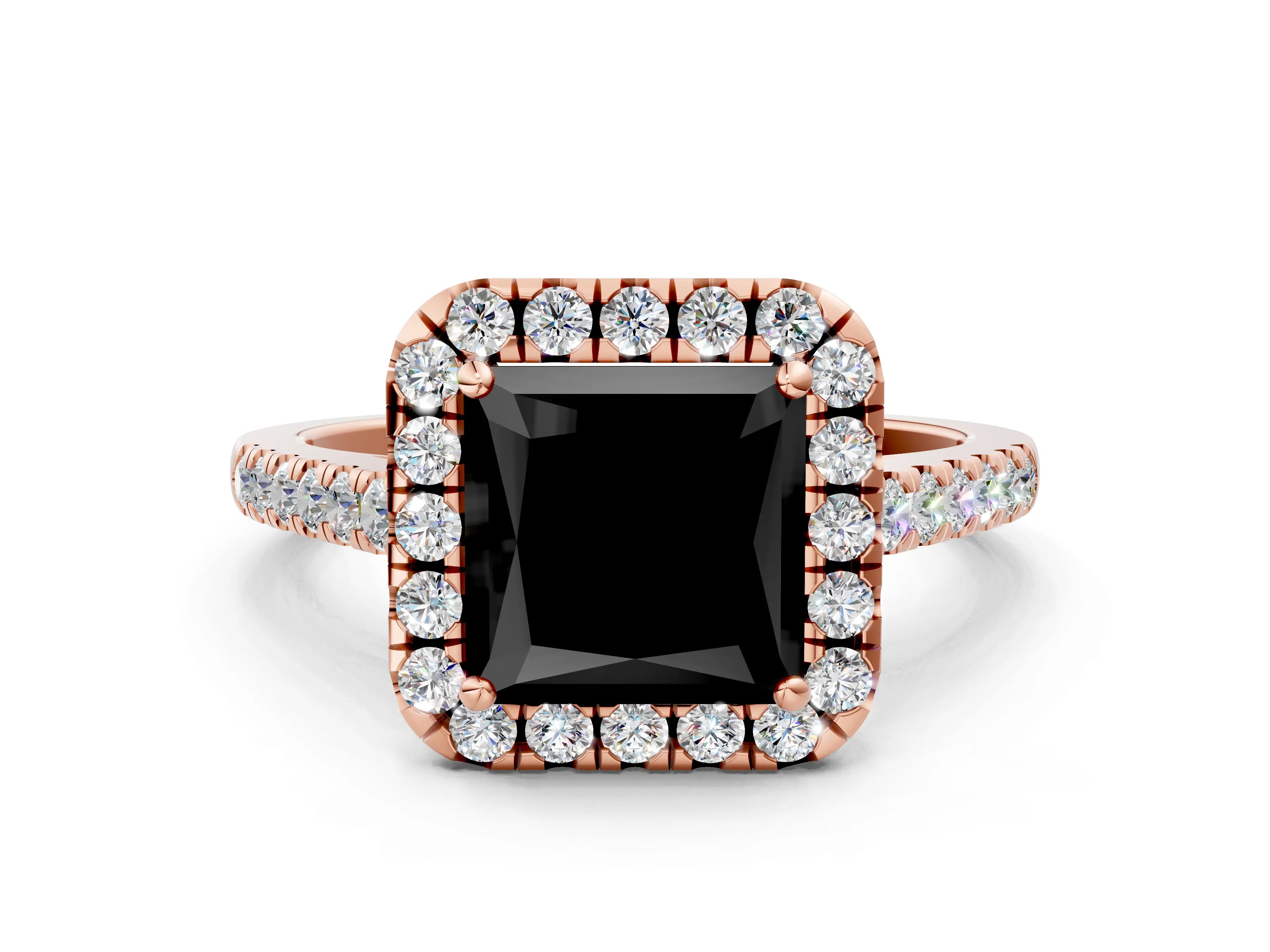 Rose gold Fancy Black Princess Cut Halo Pave Diamond Engagement Ring with Four-Prong Setting