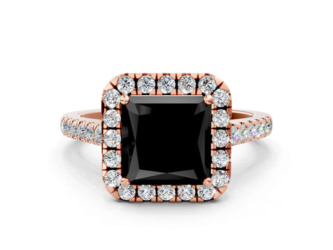 Rose gold Fancy Black Princess Cut Halo Pave Diamond Engagement Ring with Four-Prong Setting