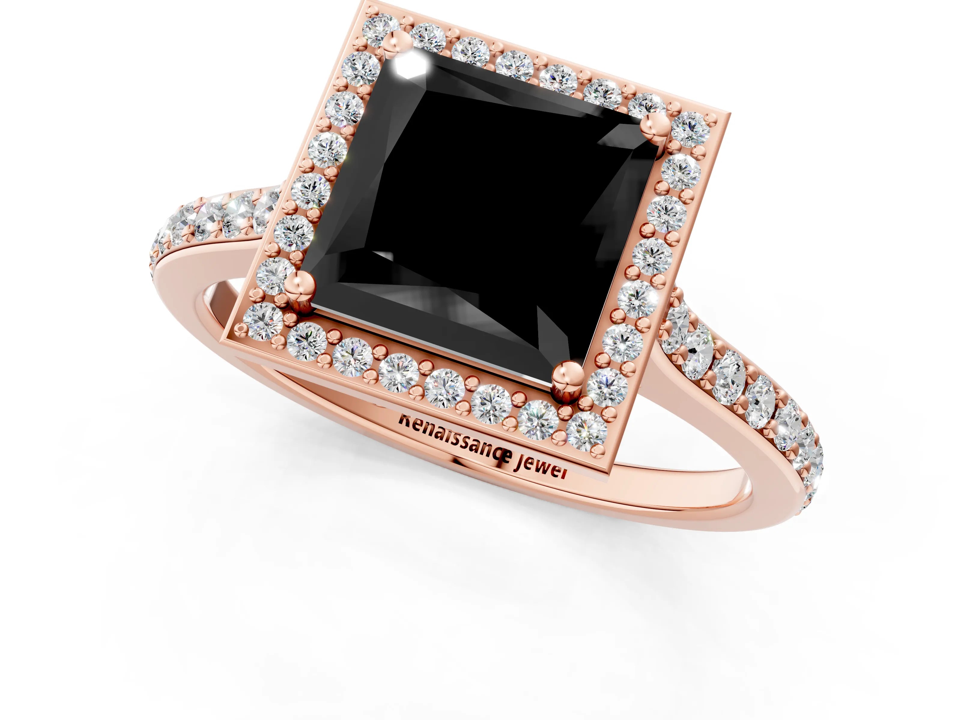 Rose gold Fancy Black Princess Cut Halo Round Diamond Pavé Band with Four-Prong Setting_4