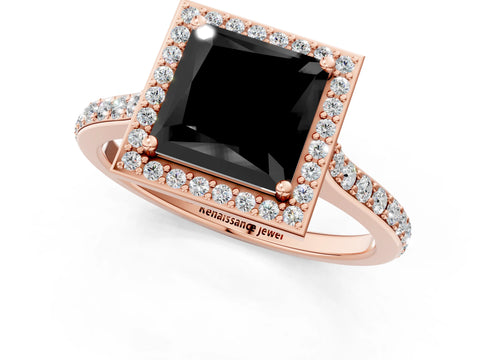 Rose gold Fancy Black Princess Cut Halo Round Diamond Pavé Band with Four-Prong Setting_4