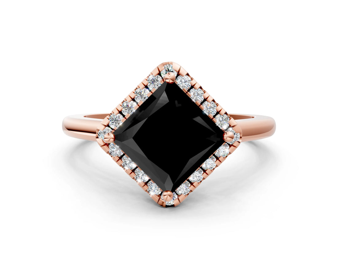 Rose gold Fancy Black Princess Cut Halo Round Diamond Solitaire Engagement Ring with Pave Band and Four-Prong Setting_12