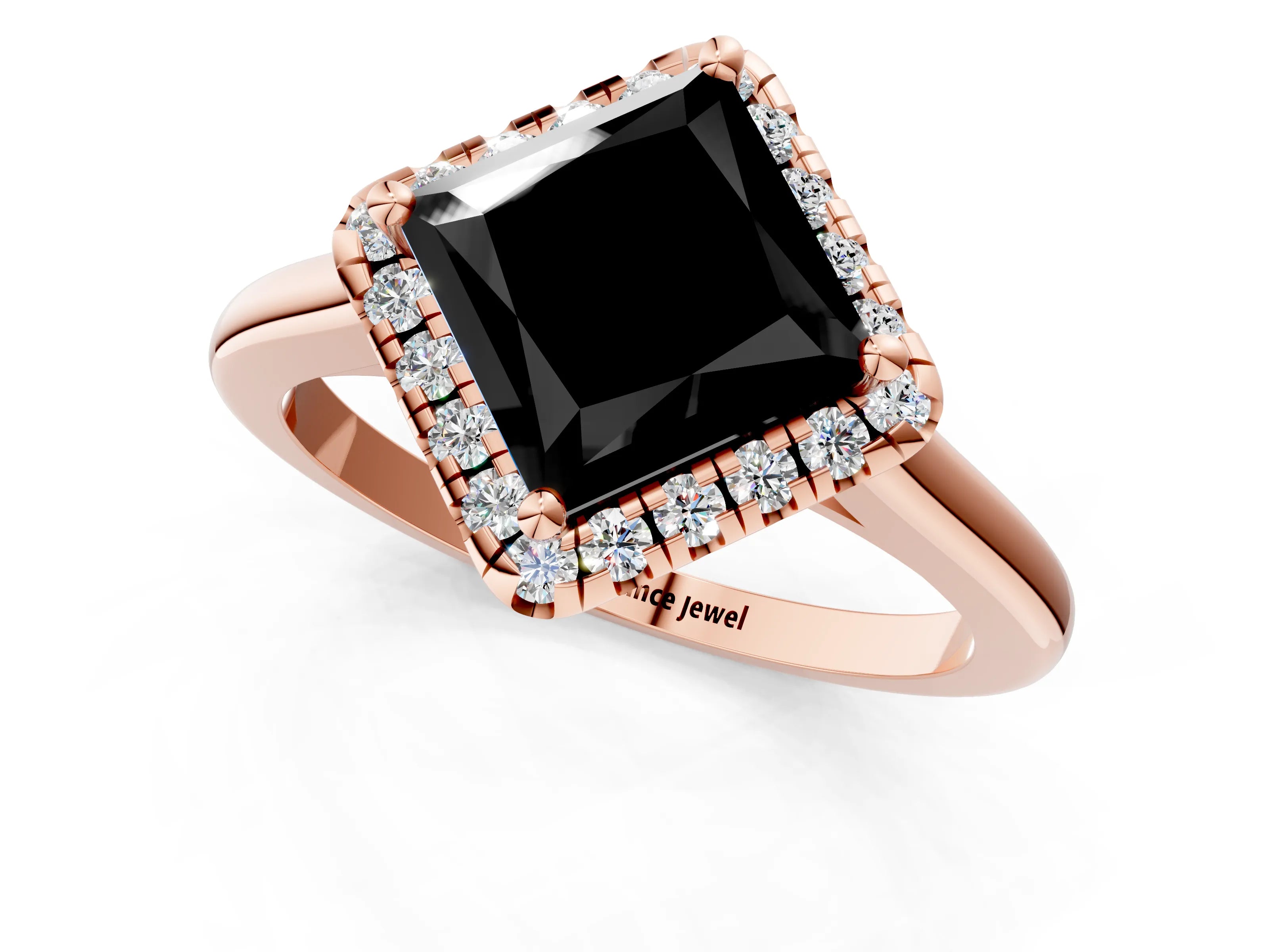 Rose gold Fancy Black Princess Cut Halo Round Diamond Solitaire Engagement Ring with Pave Band and Four-Prong Setting_13