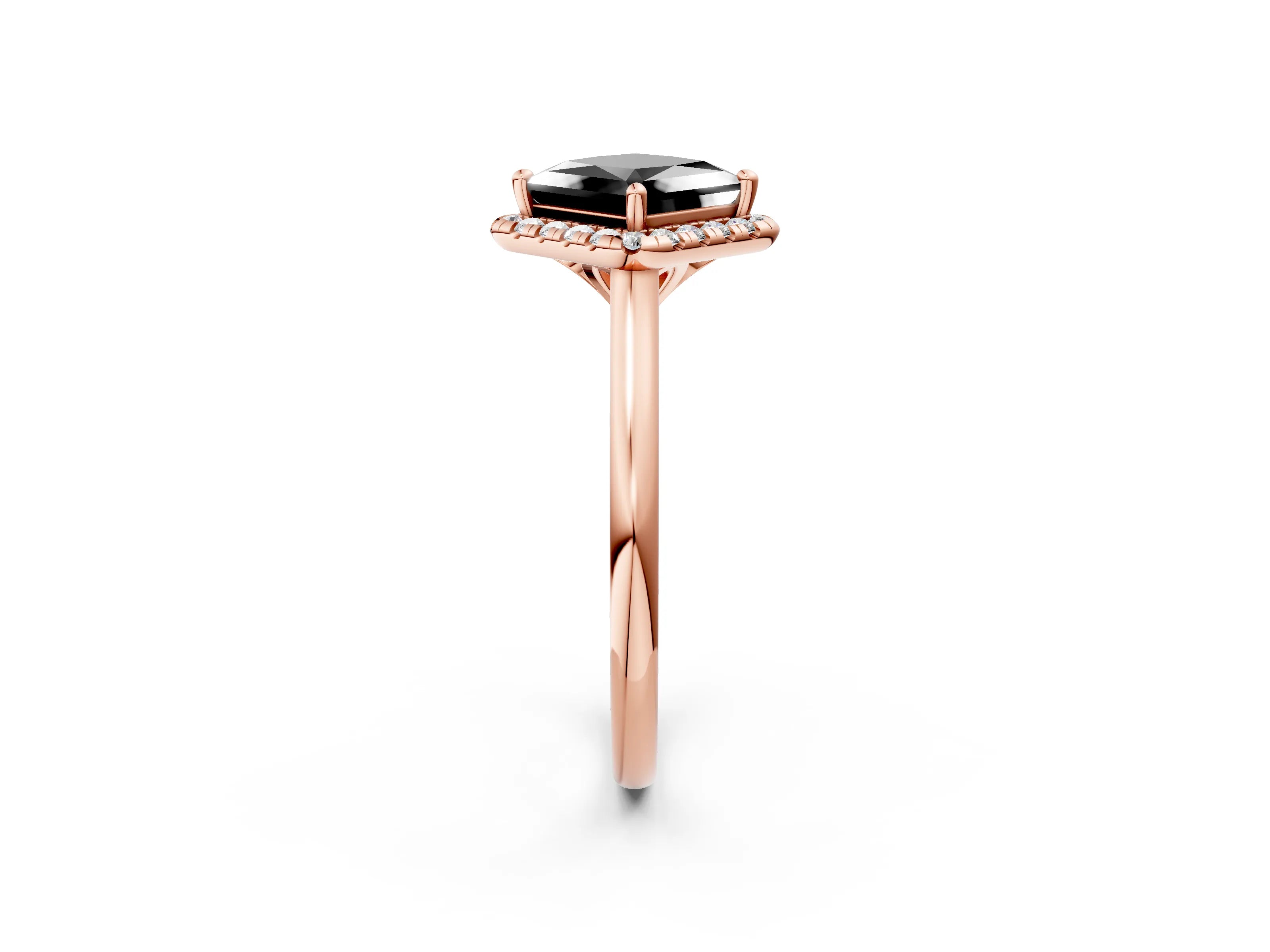 Rose gold Fancy Black Princess Cut Halo Round Diamond Solitaire Engagement Ring with Pave Band and Four-Prong Setting_14