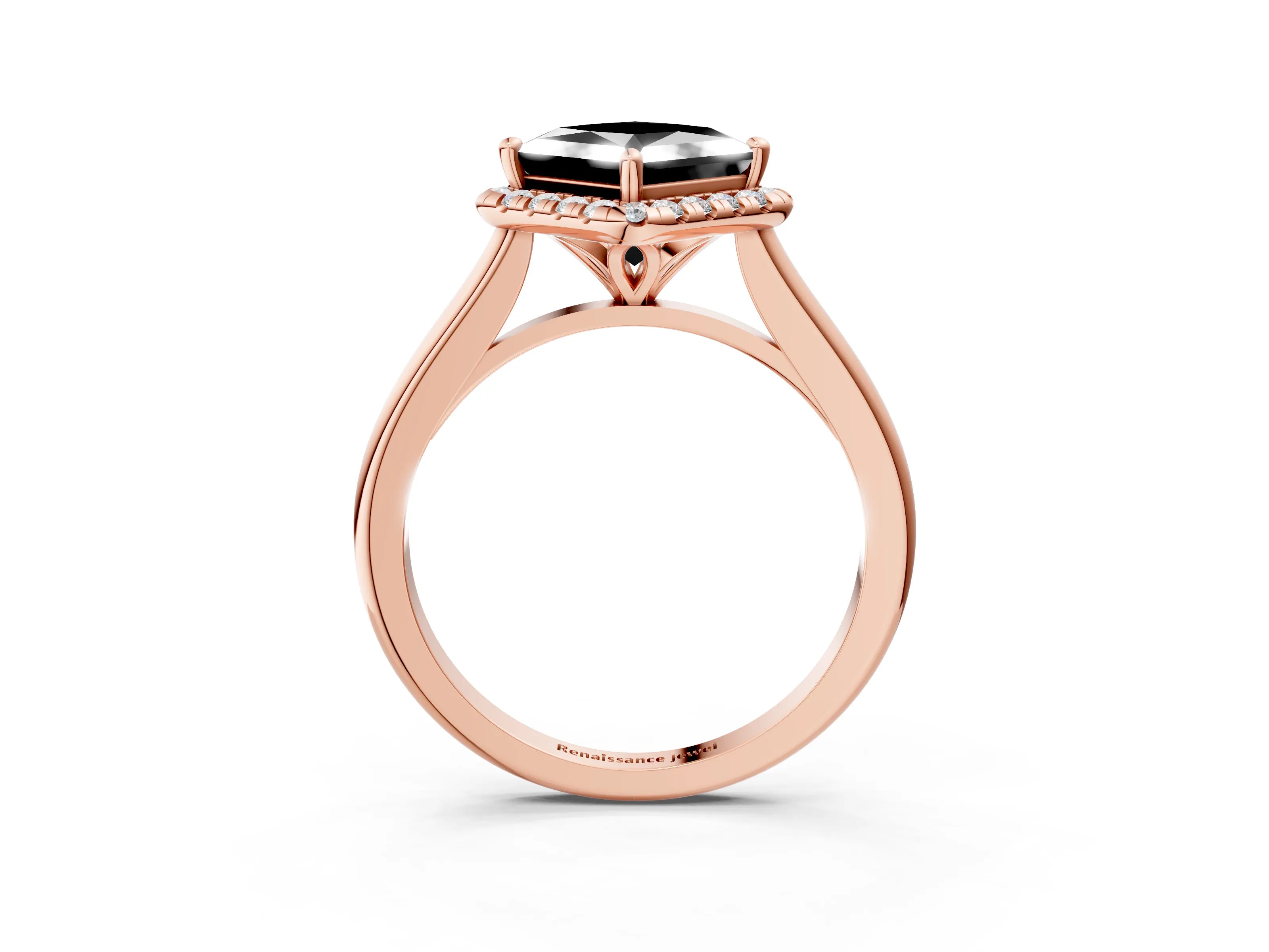 Rose gold Fancy Black Princess Cut Halo Round Diamond Solitaire Engagement Ring with Pave Band and Four-Prong Setting_15