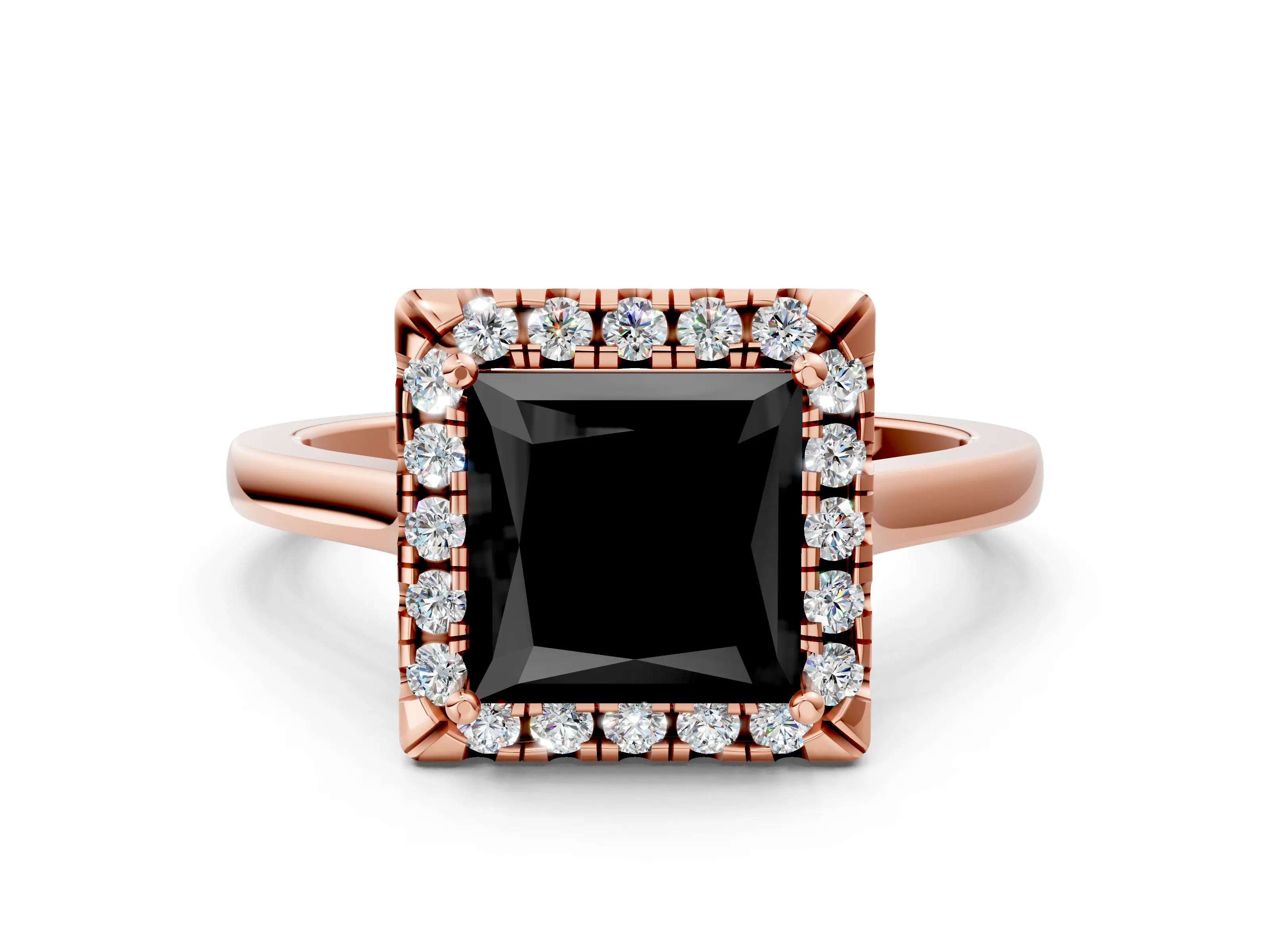 Rose gold Fancy Black Princess Cut Halo Round Diamond Solitaire Ring with Pavé Band and Four-Prong Setting_12