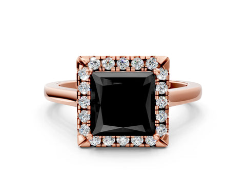 Rose gold Fancy Black Princess Cut Halo Round Diamond Solitaire Ring with Pavé Band and Four-Prong Setting_12