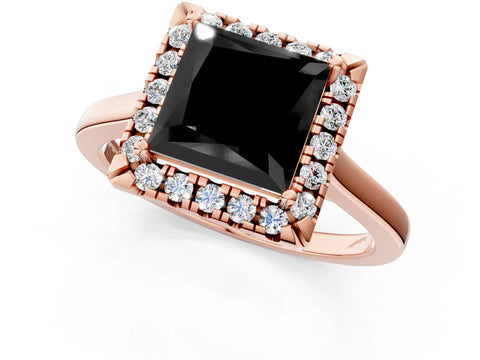 Rose gold Fancy Black Princess Cut Halo Round Diamond Solitaire Ring with Pavé Band and Four-Prong Setting_13