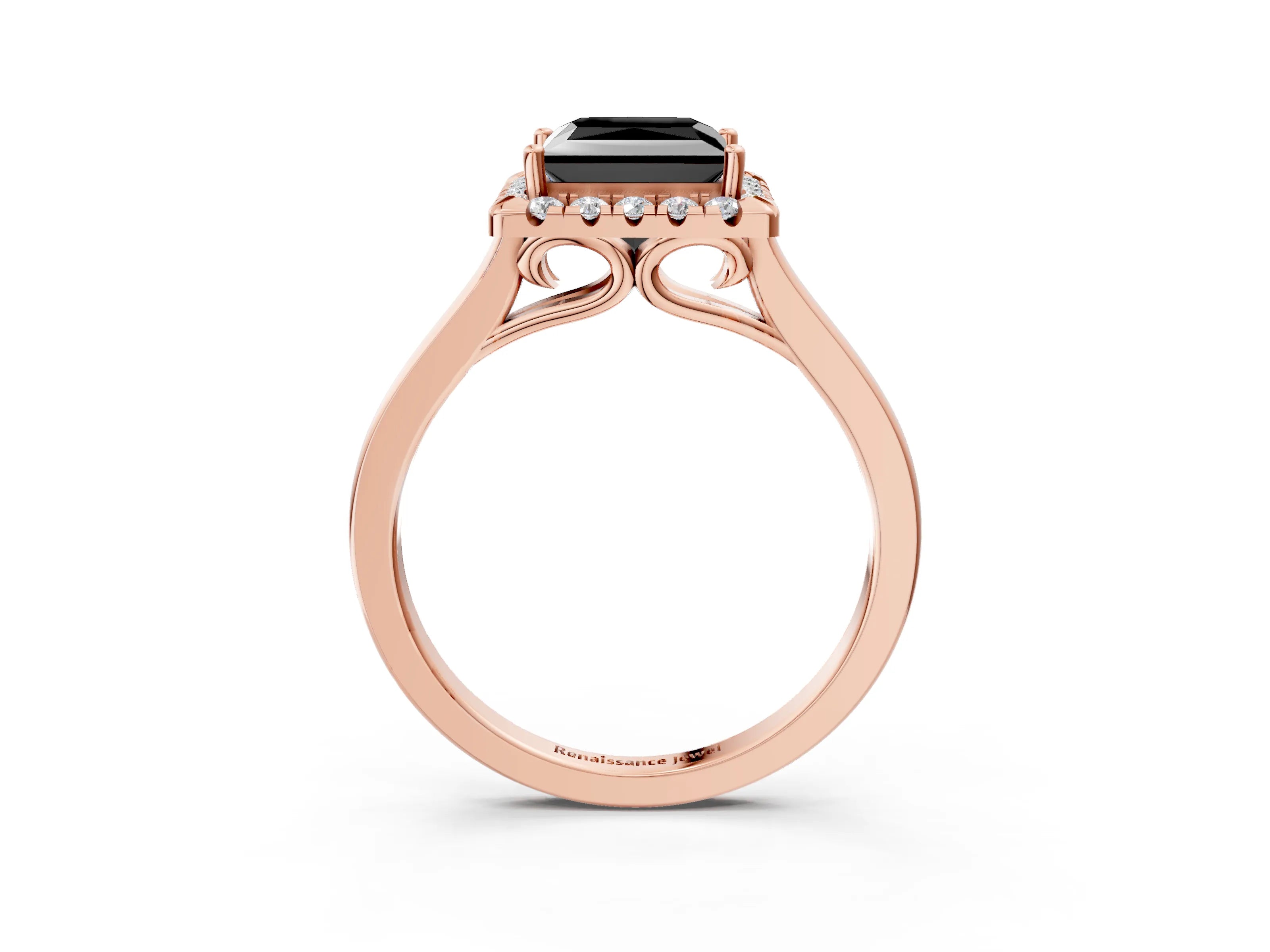 Rose gold Fancy Black Princess Cut Halo Round Diamond Solitaire Ring with Pavé Band and Four-Prong Setting_15