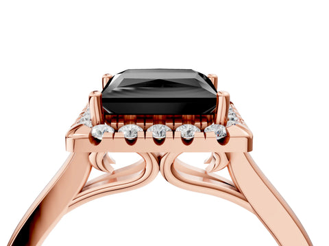 Rose gold Fancy Black Princess Cut Halo Round Diamond Solitaire Ring with Pavé Band and Four-Prong Setting_16