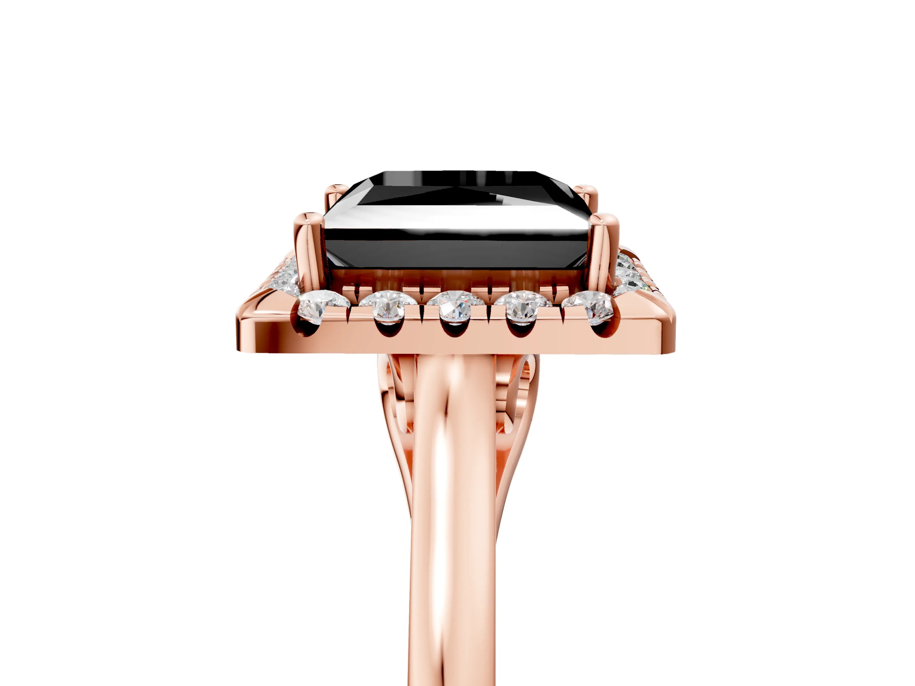 Rose gold Fancy Black Princess Cut Halo Round Diamond Solitaire Ring with Pavé Band and Four-Prong Setting_17