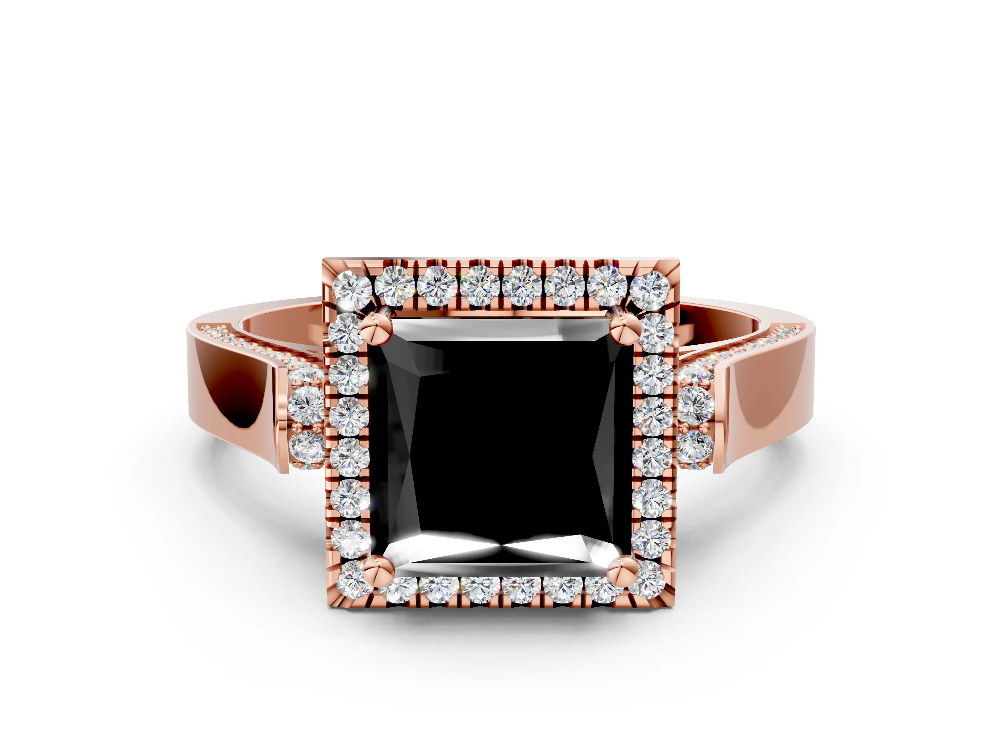 Rose gold Fancy Black Princess Cut Halo Round Diamond Twist Band with Four-Prong Setting
