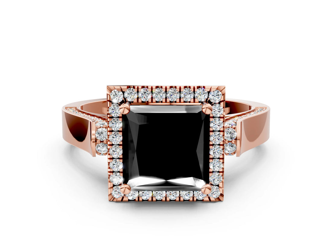 Rose gold Fancy Black Princess Cut Halo Round Diamond Twist Band with Four-Prong Setting