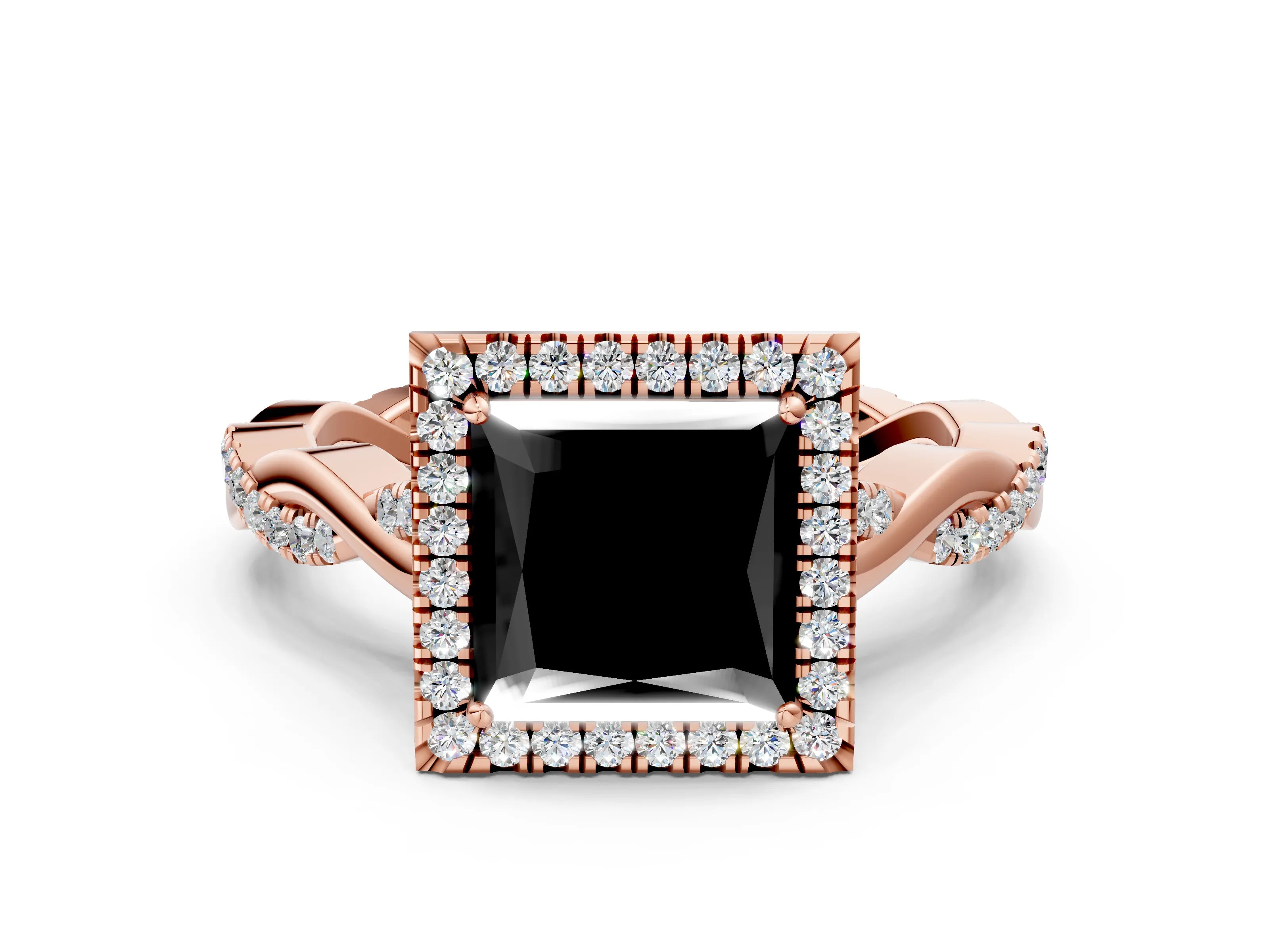Rose gold Fancy Black Princess Cut Halo Twist Band with Four-Prong Setting