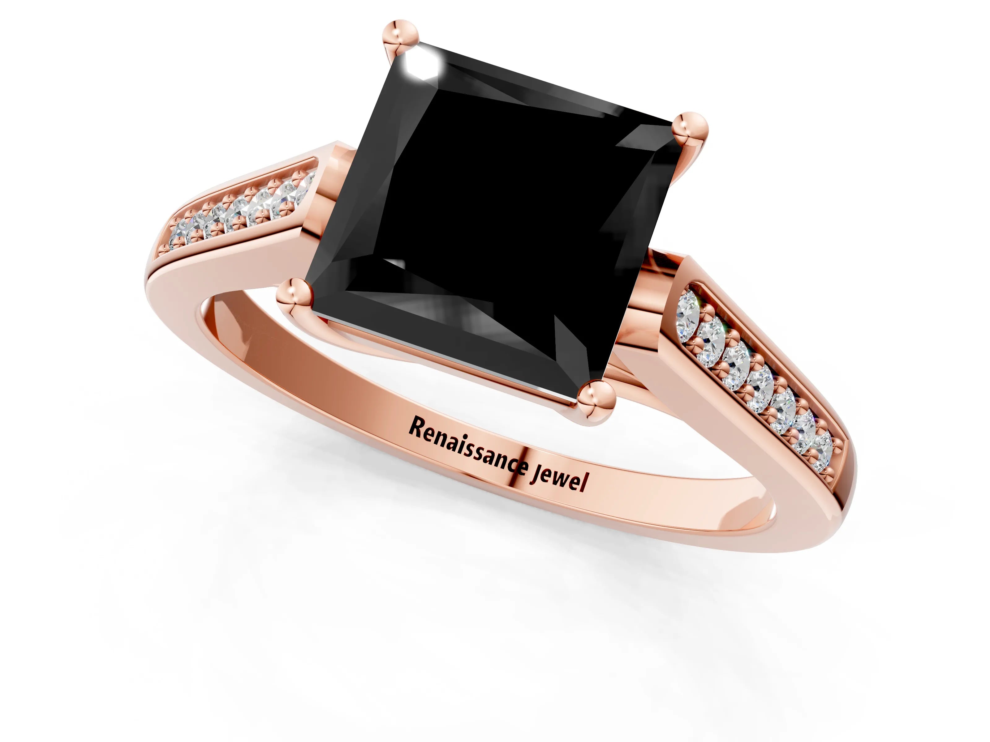 Rose gold Fancy Black Princess Cut Solitaire Cathedral Diamond Engagement Ring with Channel-Set Band and Four-Prong Setting_4