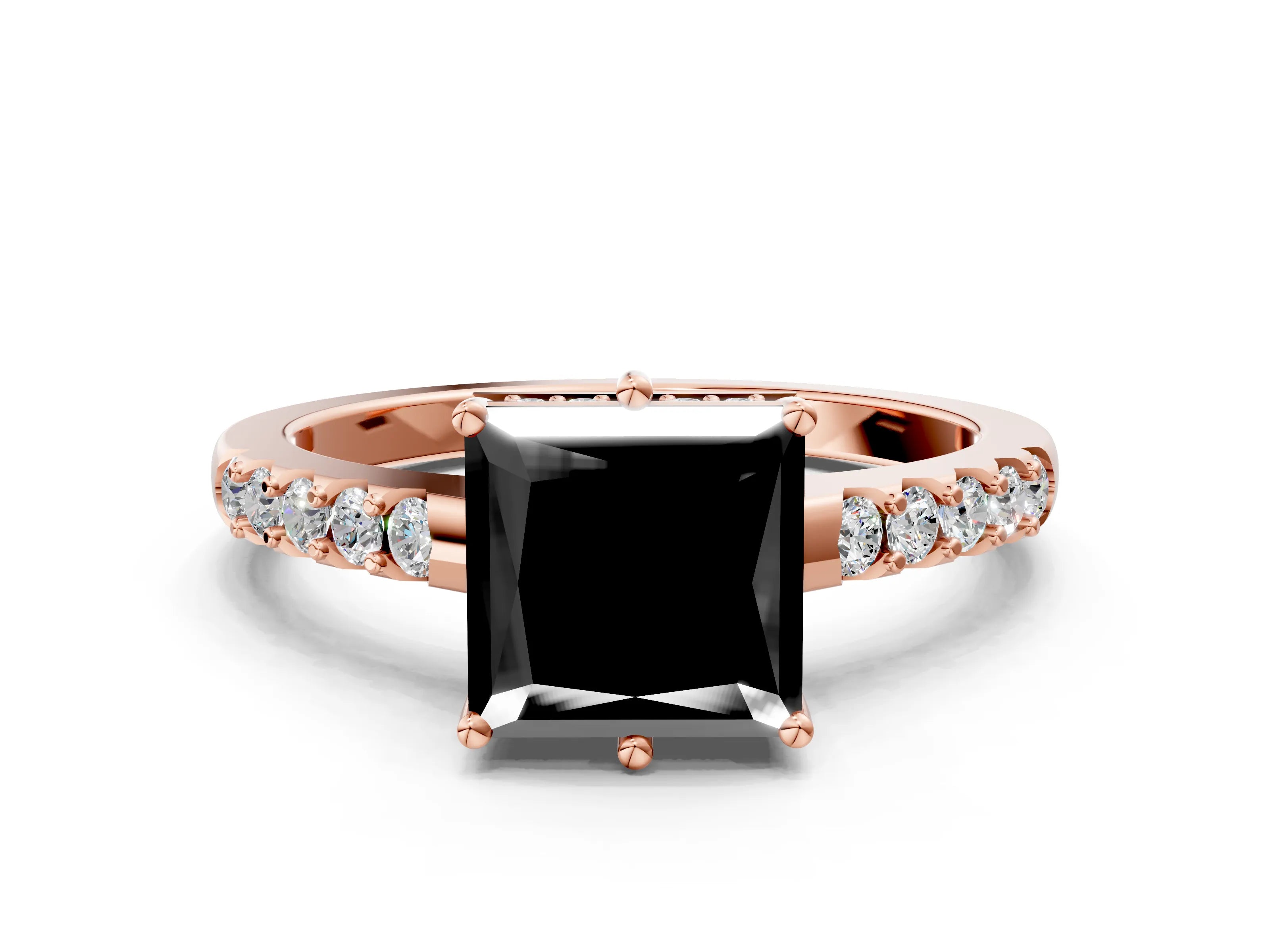 Rose gold Fancy Black Princess Cut Solitaire Diamond Engagement Ring with Pavé Band and Six-Prong Setting_12