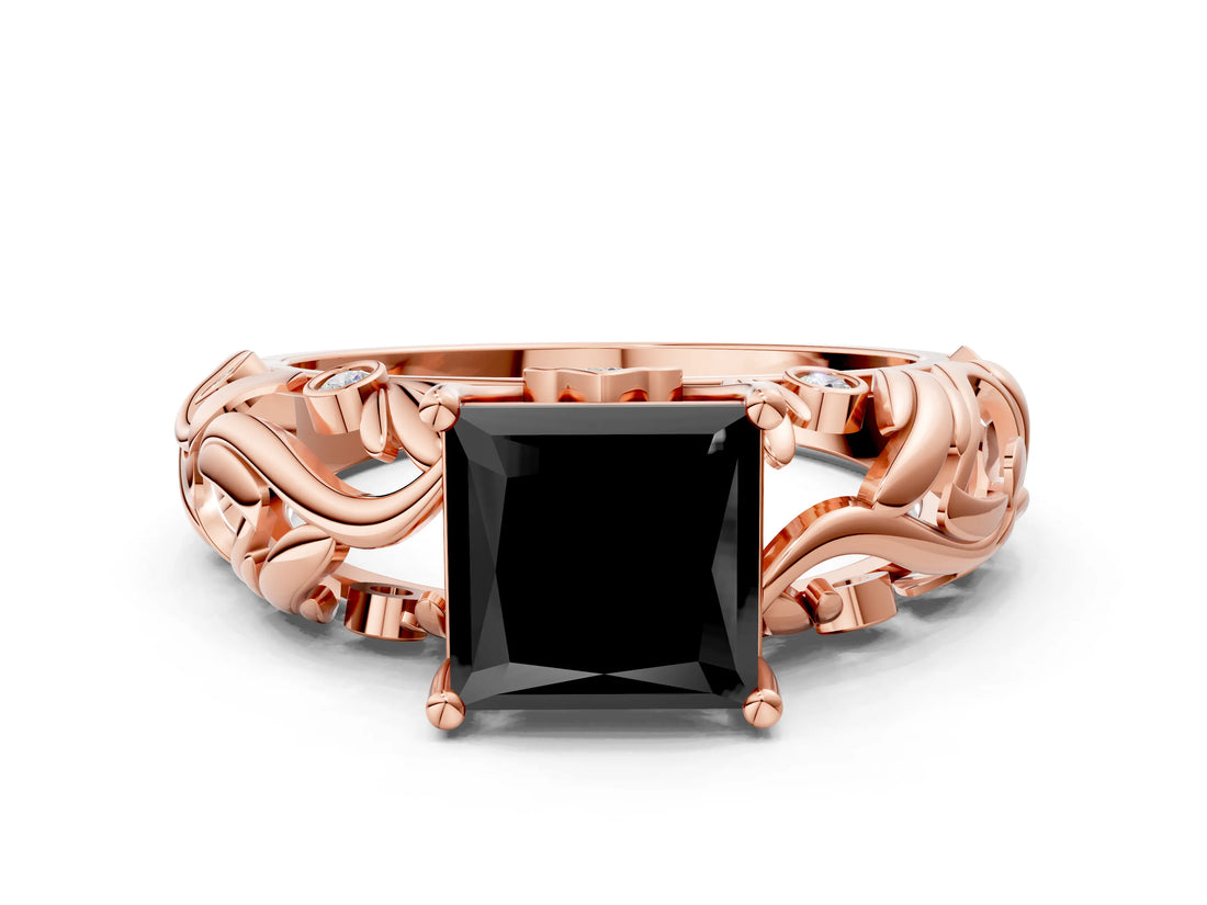 Rose gold Fancy Black Princess Cut Solitaire Diamond Leaf-Inspired Vine Band Ring with Prong Setting