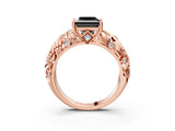Rose gold Fancy Black Princess Cut Solitaire Diamond Leaf-Inspired Vine Band Ring with Prong Setting_3