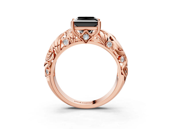 Rose Gold Princess Cut Leaf Vine Solitaire Engagement Ring Setting for Black Center