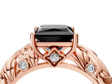 Rose gold Fancy Black Princess Cut Solitaire Diamond Leaf-Inspired Vine Band Ring with Prong Setting_4