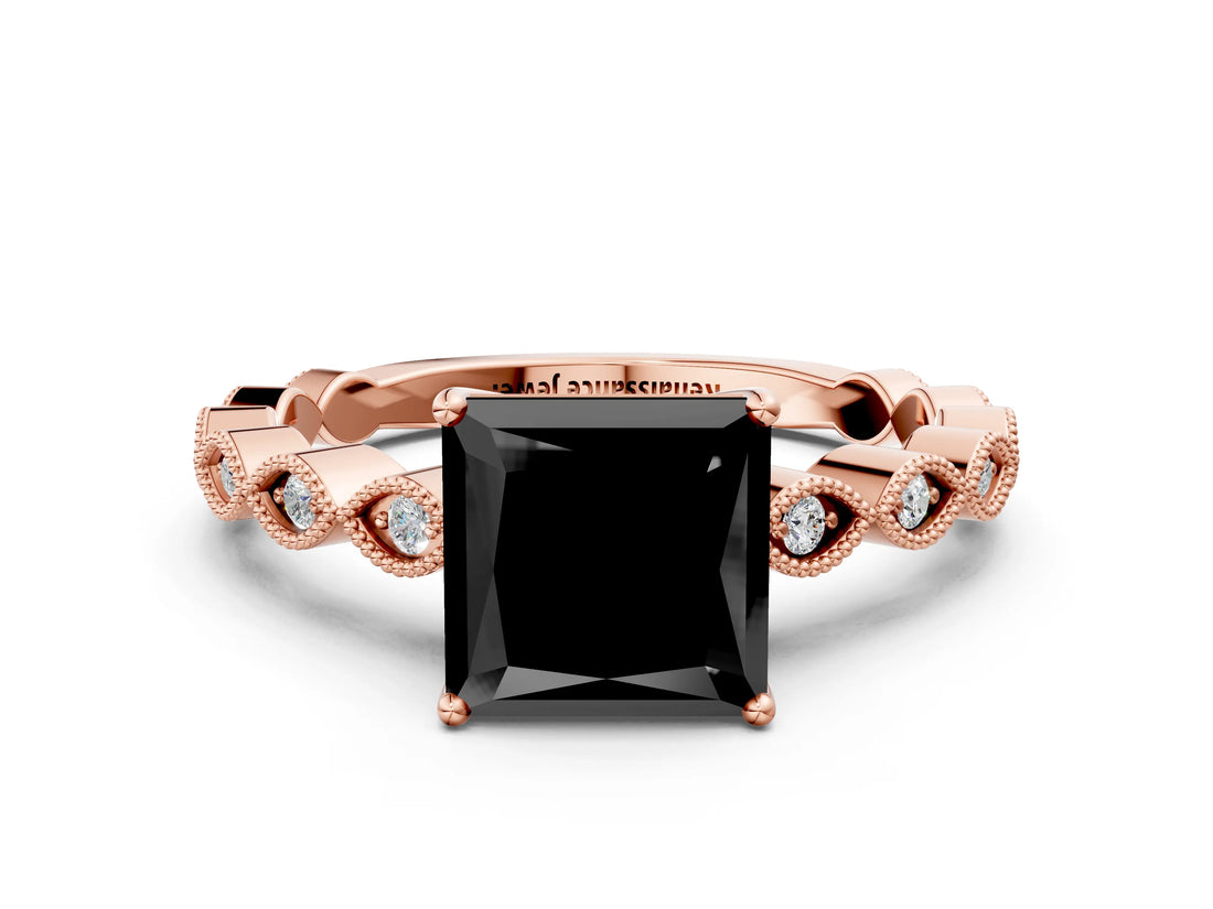 Rose gold Fancy Black Princess Cut Solitaire Diamond Ring with Infinity Twist Band and Four-Prong Setting