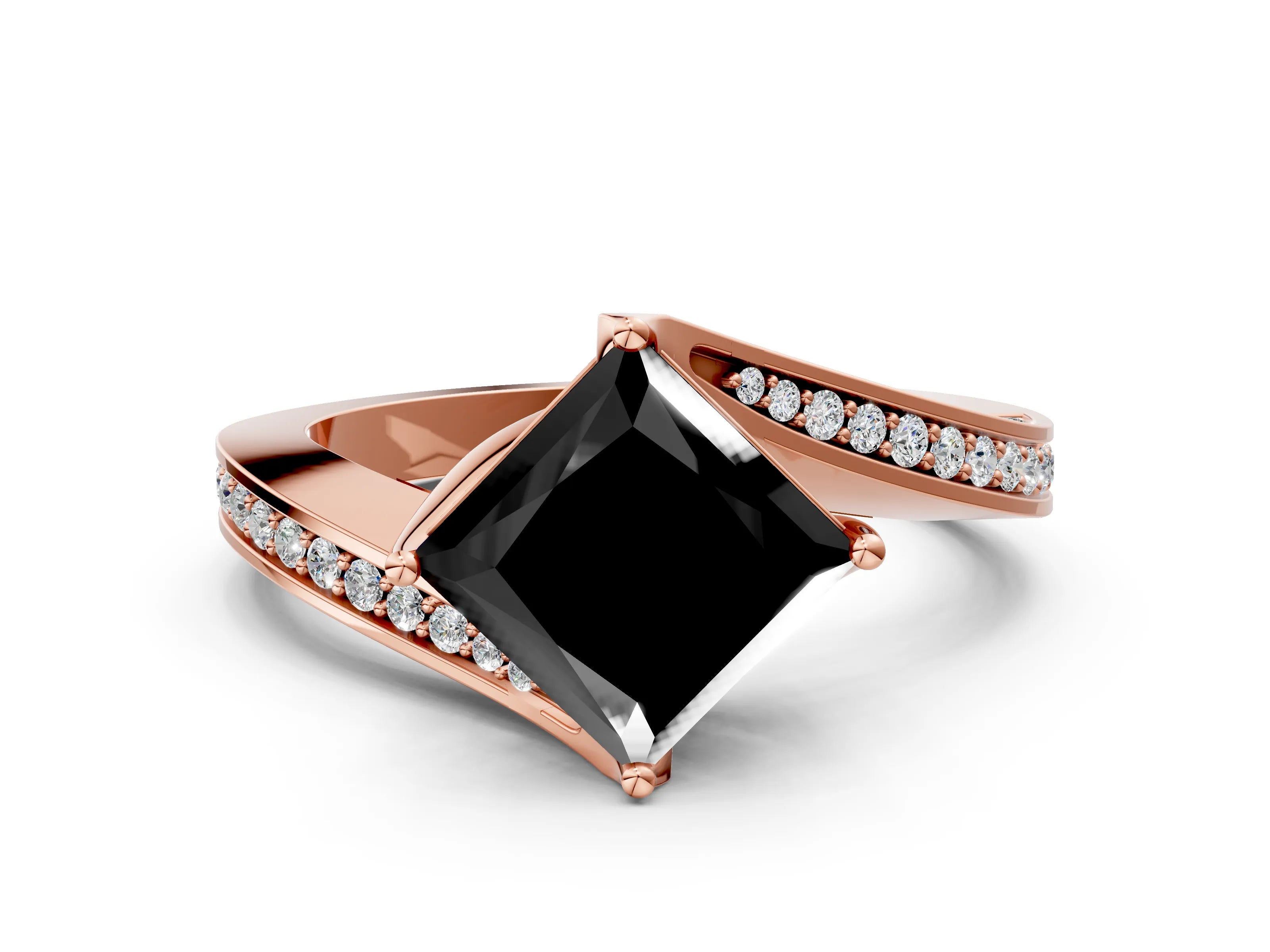 Rose gold Fancy Black Princess Cut Solitaire Diamond Twist Band with Pavé Setting and Four-Prong Setting