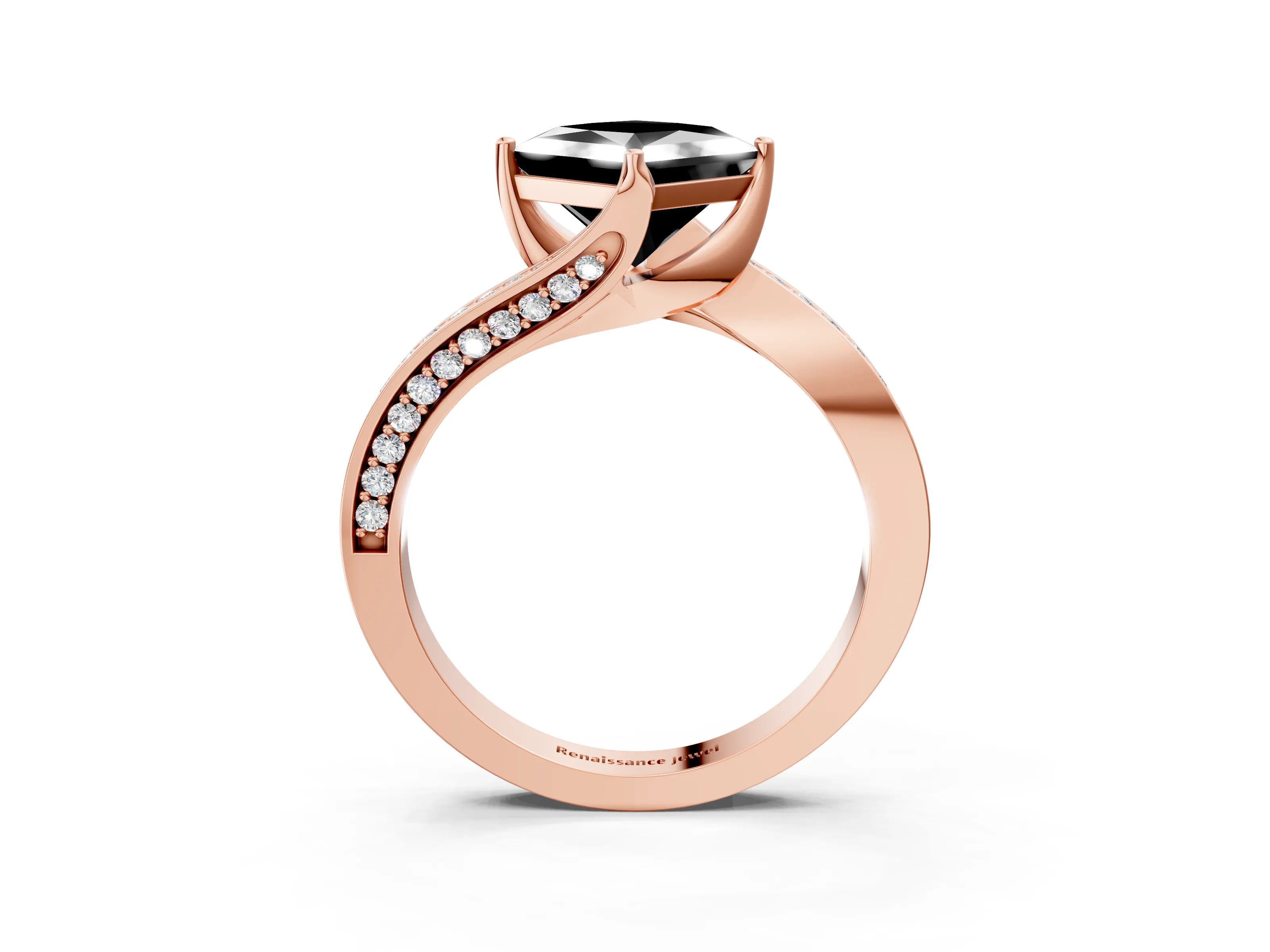 Rose gold Fancy Black Princess Cut Solitaire Diamond Twist Band with Pavé Setting and Four-Prong Setting_3